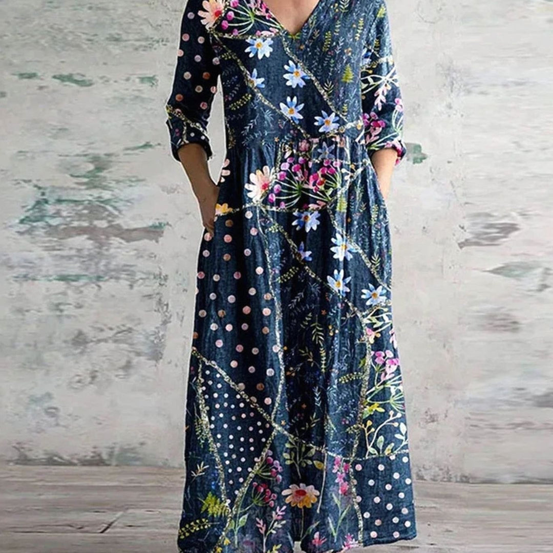 Women's Boho Floral Print V-Neck Midi Dress - Blue