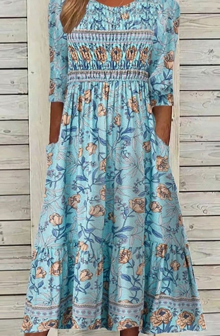 Women's Boho Floral Smocked Midi Dress Round Neck 3/4 Sleeve - Blue