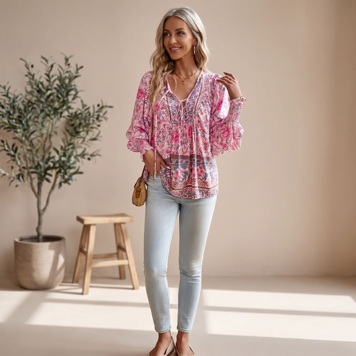 Women's Boho Floral V-Neck Lace-Up Long Sleeve Blouse - Pink