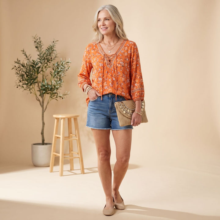 Women's Boho Floral V-Neck Lace-Up Long Sleeve Blouse - Orange