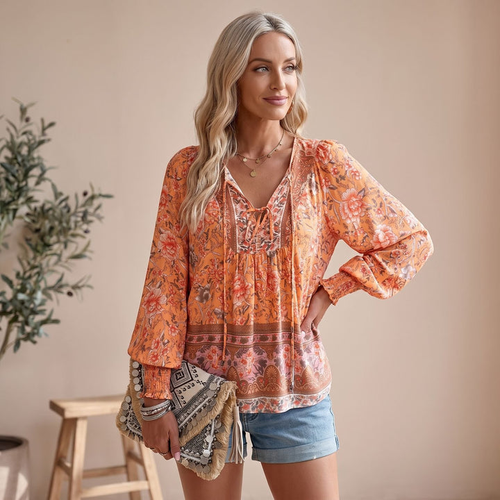 Women's Boho Floral V-Neck Lace-Up Long Sleeve Blouse