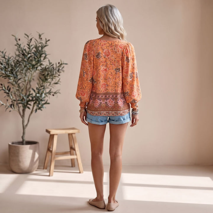 Women's Boho Floral V-Neck Lace-Up Long Sleeve Blouse