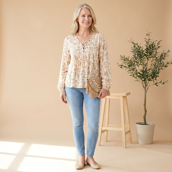 Women's Boho Floral V-Neck Lace-Up Long Sleeve Blouse - Apricot