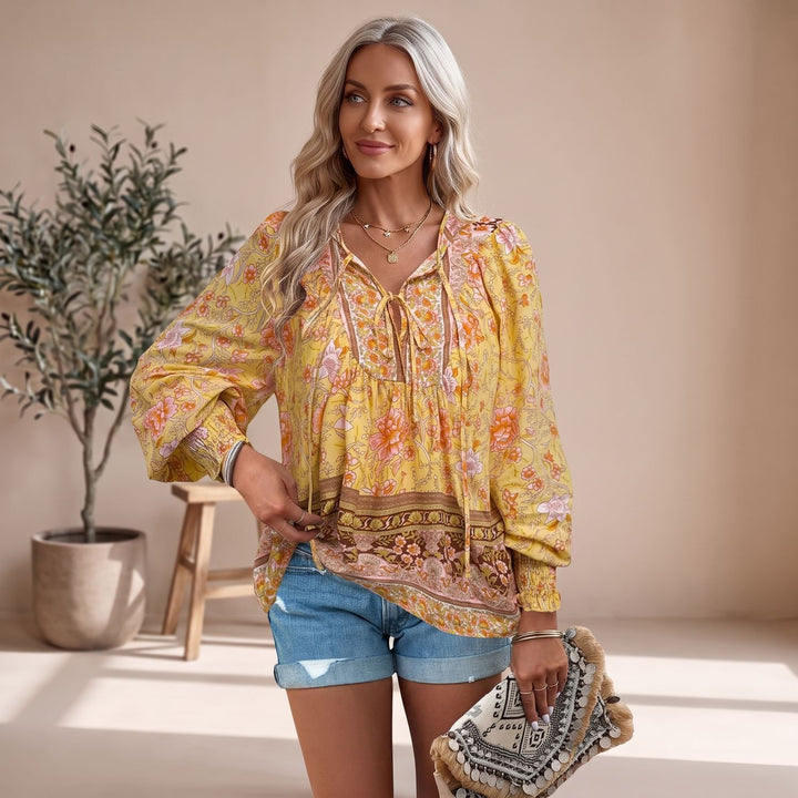 Women's Boho Floral V-Neck Lace-Up Long Sleeve Blouse - Yellow