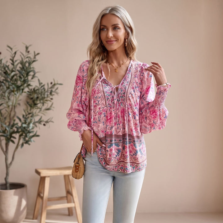 Women's Boho Floral V-Neck Lace-Up Long Sleeve Blouse