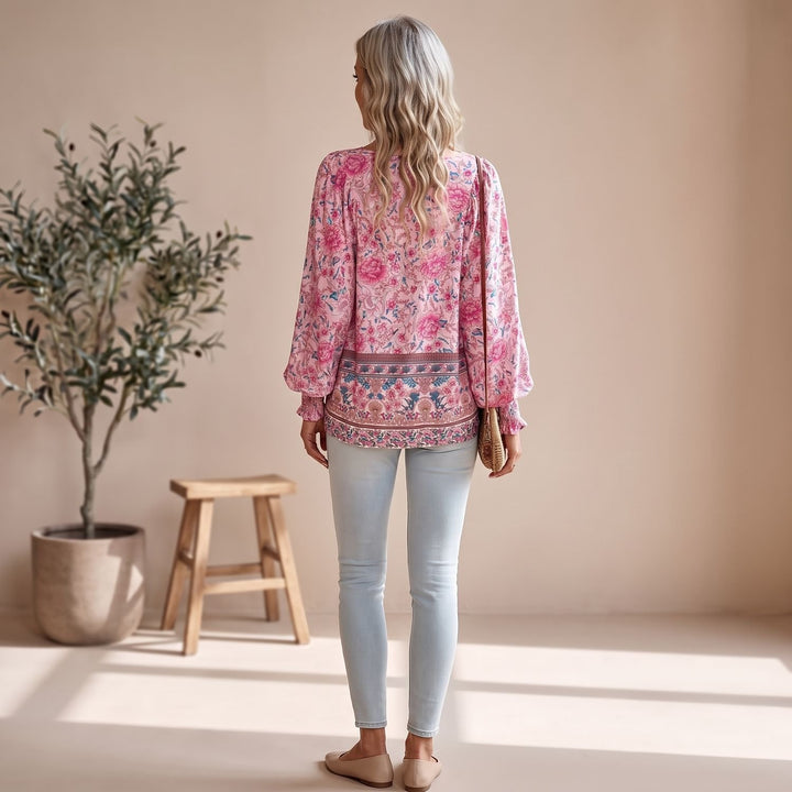 Women's Boho Floral V-Neck Lace-Up Long Sleeve Blouse