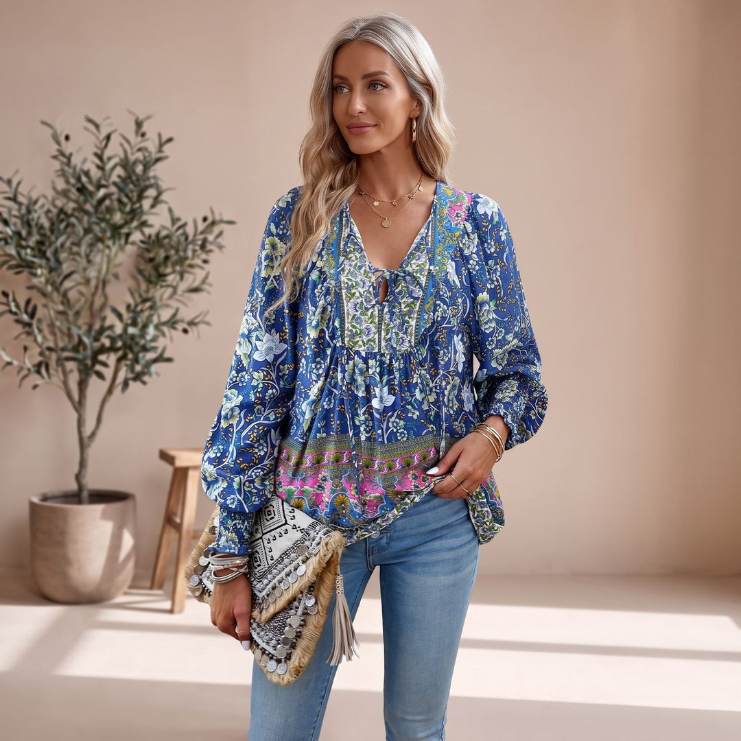 Women's Boho Floral V-Neck Lace-Up Long Sleeve Blouse - Blue