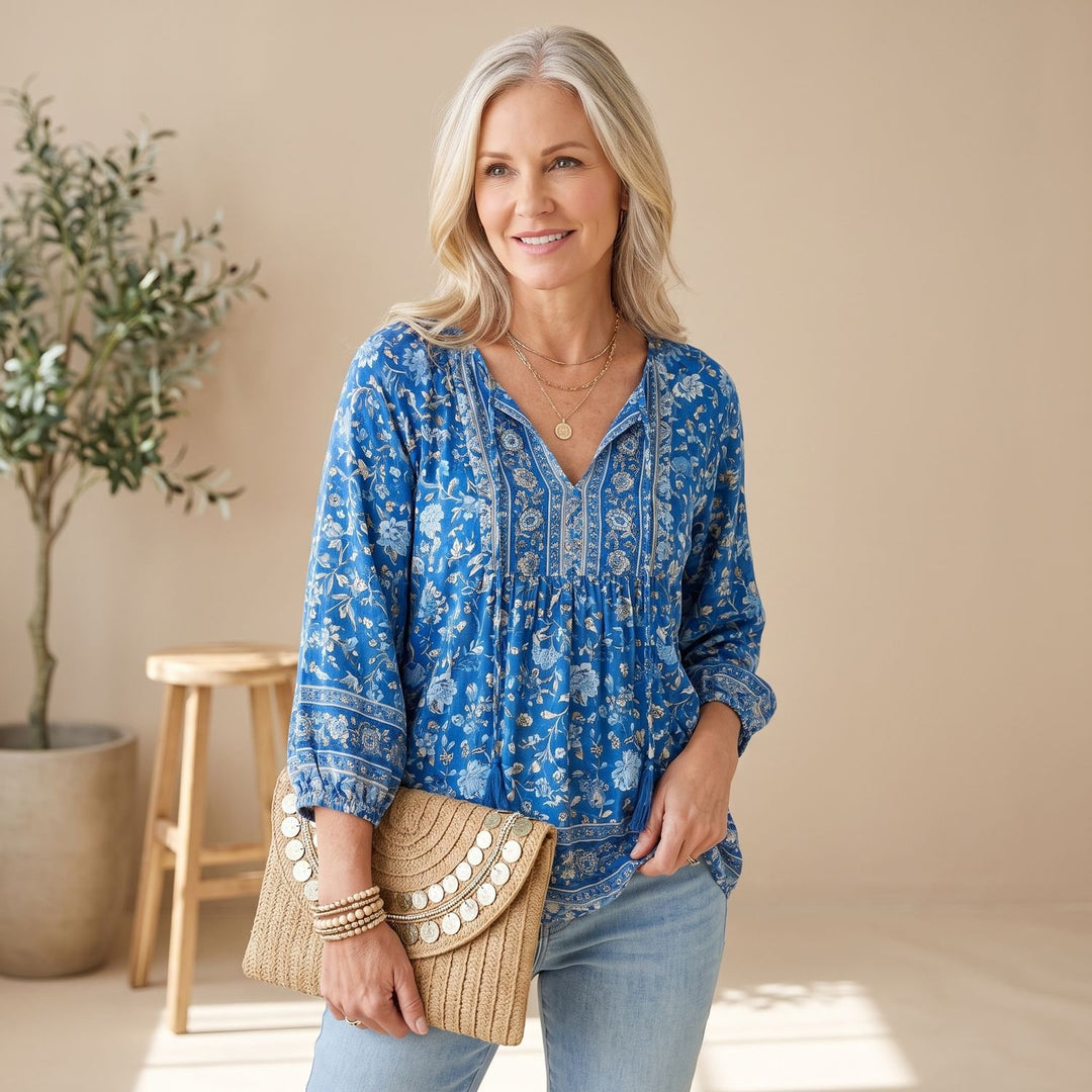 Women's Boho Floral V-Neck Lace-Up Long Sleeve Blouse