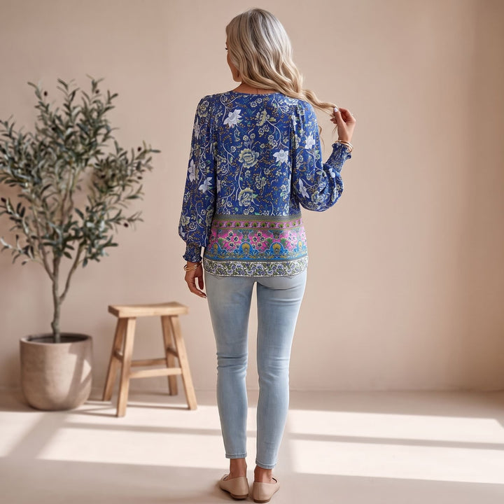 Women's Boho Floral V-Neck Lace-Up Long Sleeve Blouse