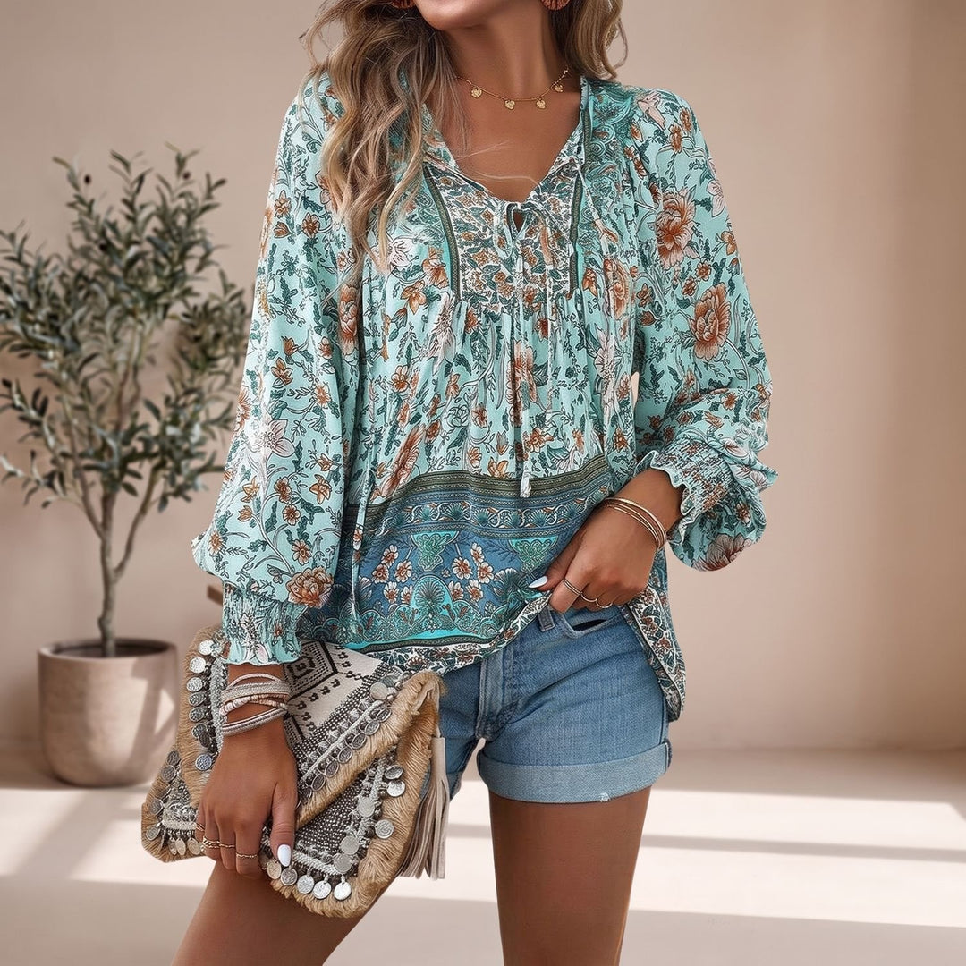 Women's Boho Floral V-Neck Lace-Up Long Sleeve Blouse