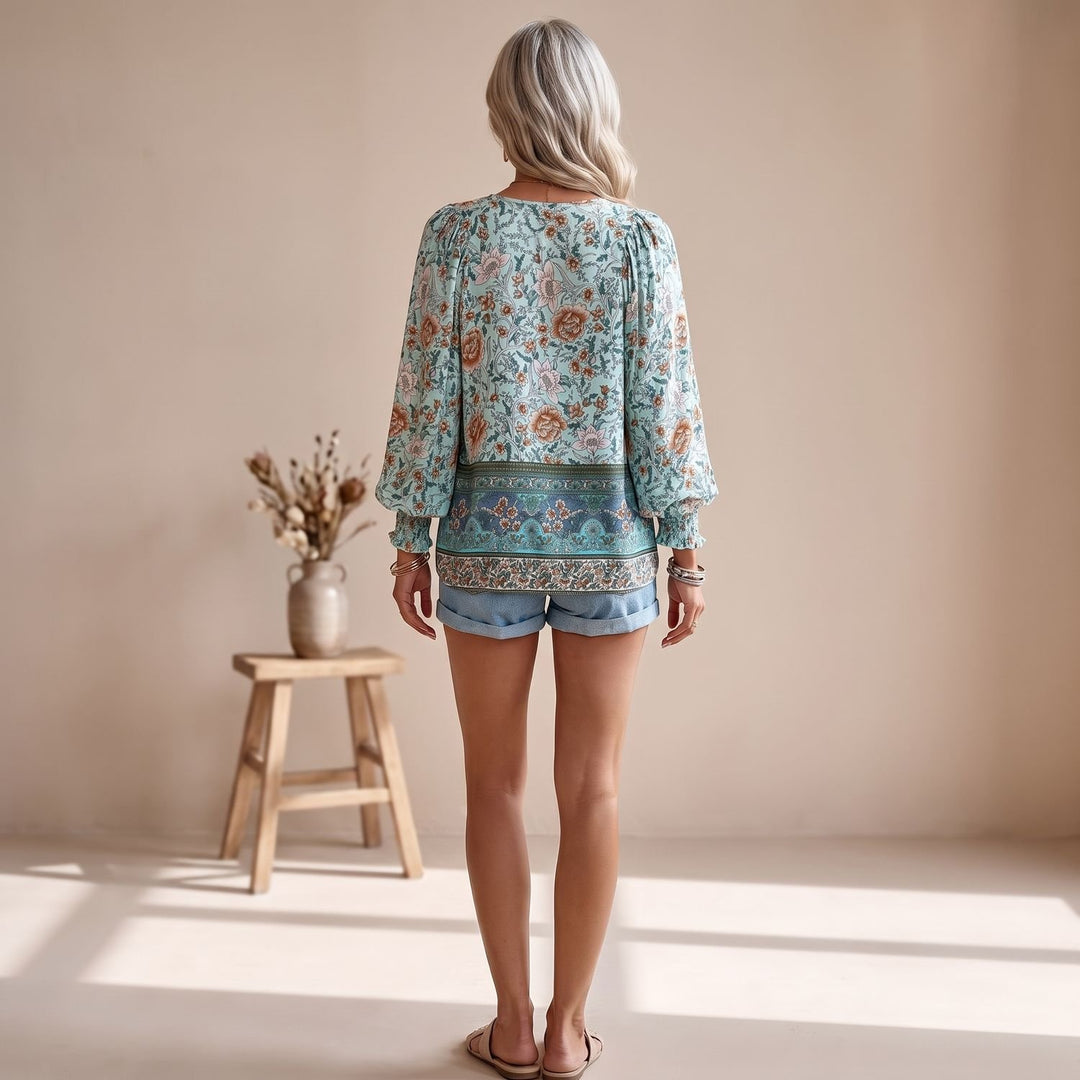 Women's Boho Floral V-Neck Lace-Up Long Sleeve Blouse
