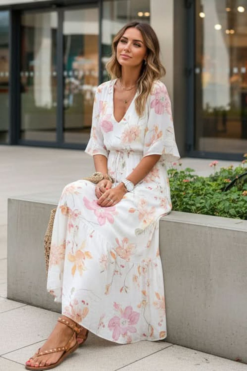 Women's Boho Floral V-Neck Maxi Evening Gown Dress