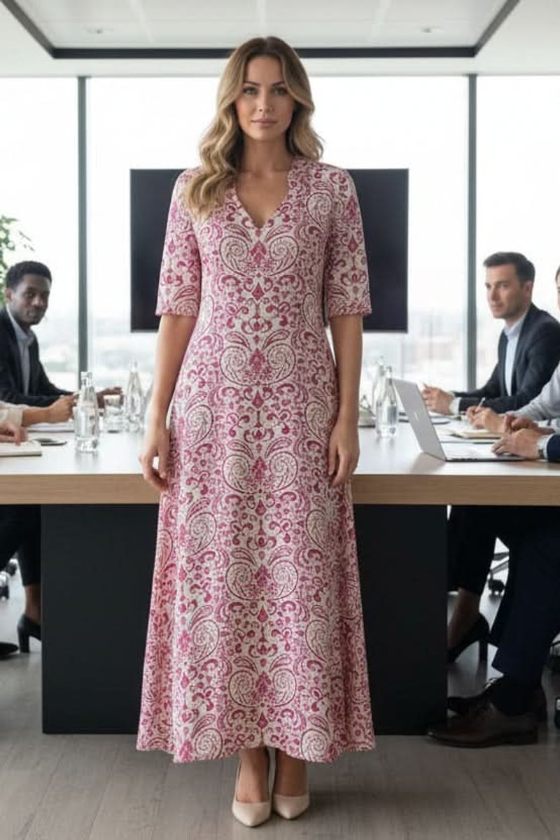 Women's Boho Floral V-Neck Maxi Evening Gown Dress - Pink