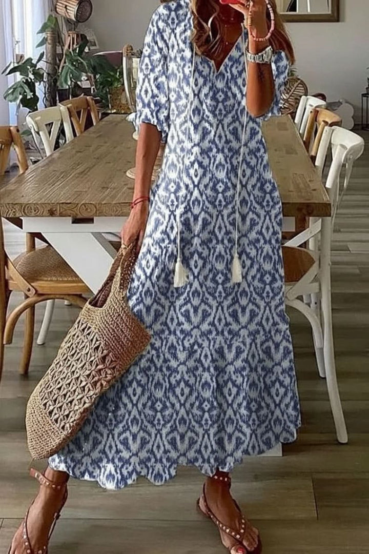 Women's Boho Floral V-Neck Maxi Evening Gown Dress - Light Blue