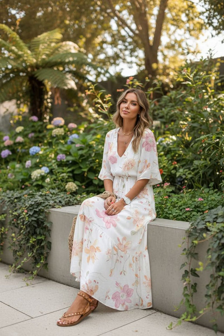 Women's Boho Floral V-Neck Maxi Evening Gown Dress - White