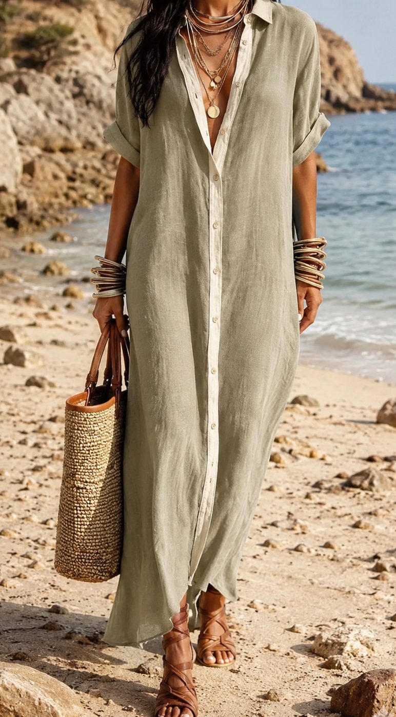Women's Boho Linen Maxi Button-Down Shirt Dress - Khaki