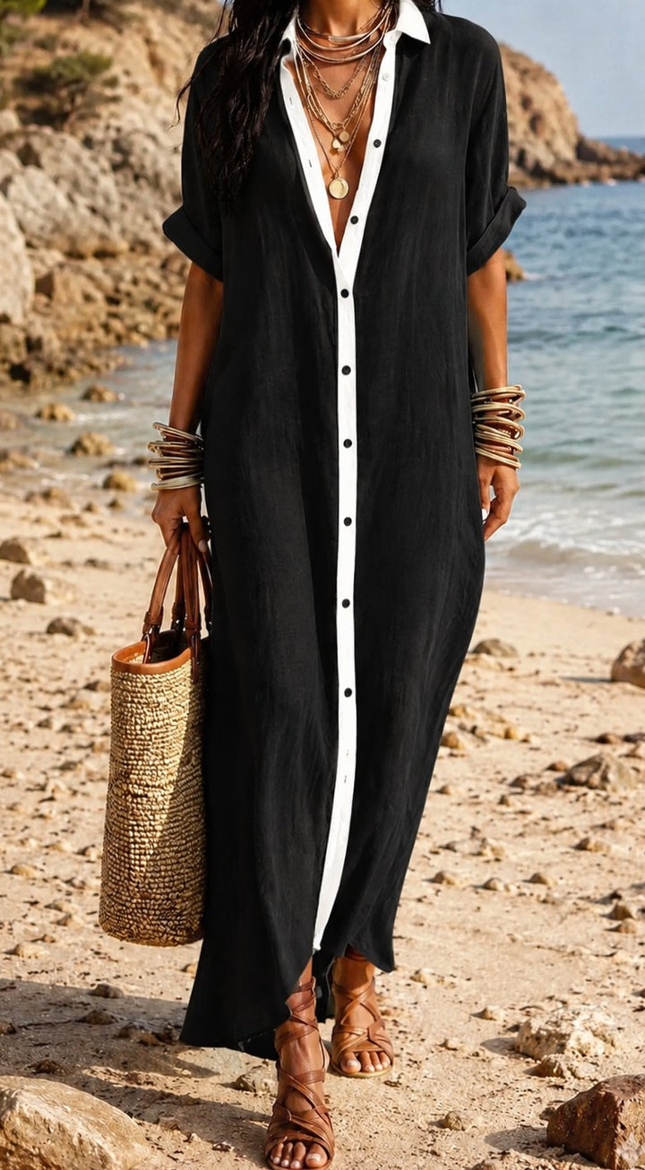 Women's Boho Linen Maxi Button-Down Shirt Dress - Black