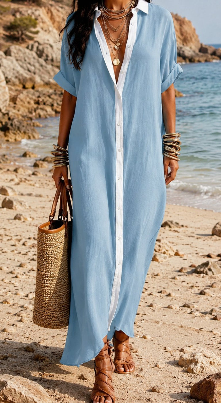 Women's Boho Linen Maxi Button-Down Shirt Dress - Light Blue