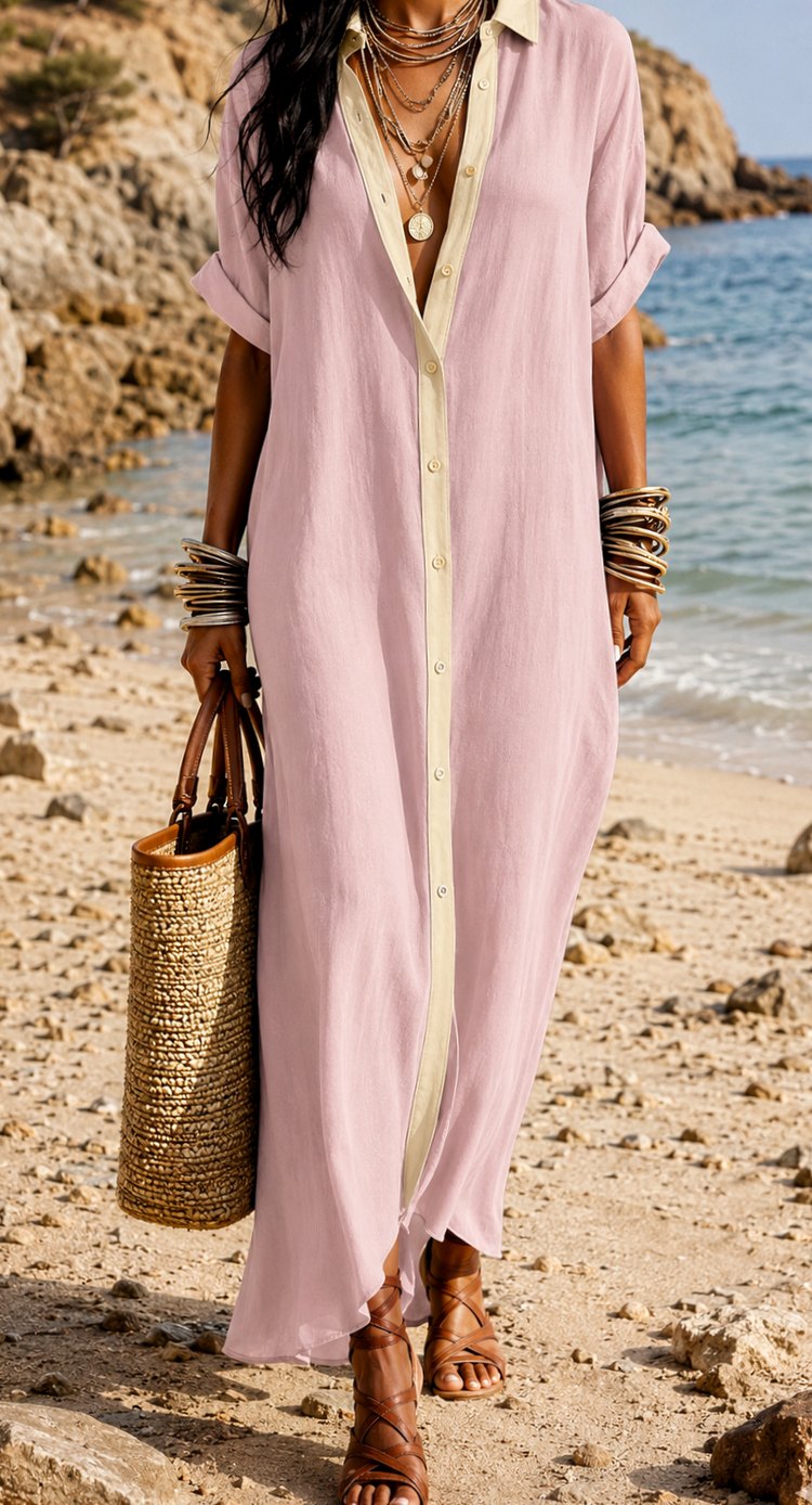 Women's Boho Linen Maxi Button-Down Shirt Dress - Pink