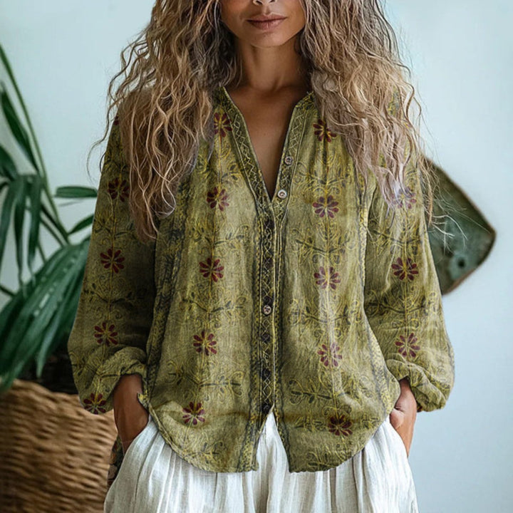 Women's Boho Linen V-Neck Long Sleeve Cardigan Blouse - Light Olive Green