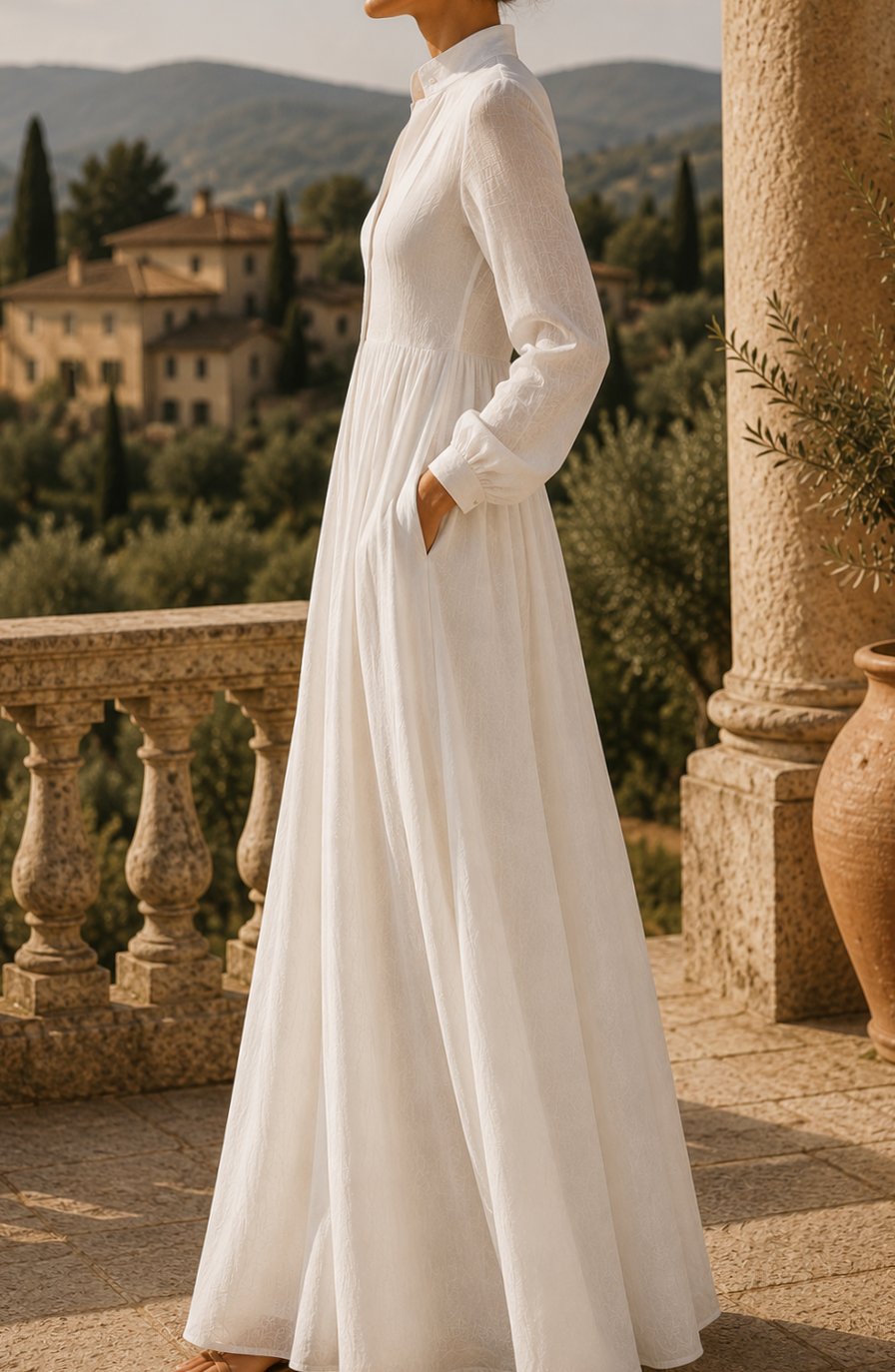 Women's Boho Long-Sleeve V-Neck Flowy Linen Maxi Dress