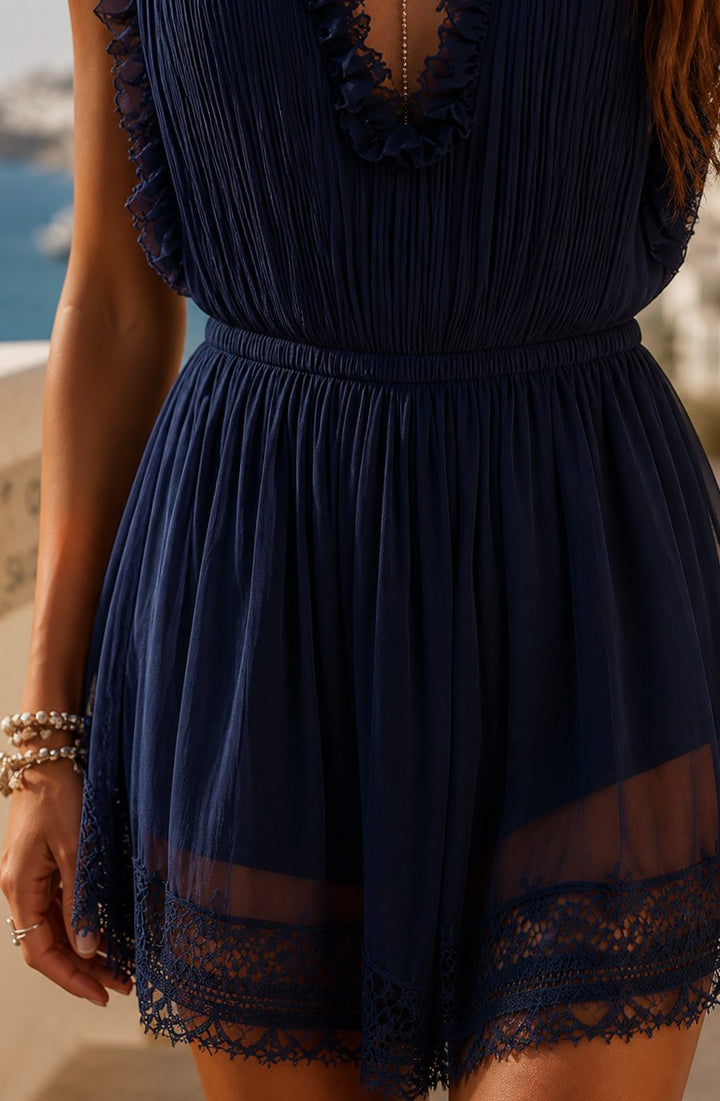 Women's Boho Navy Lace-Hem Pleated V-Neck Romper