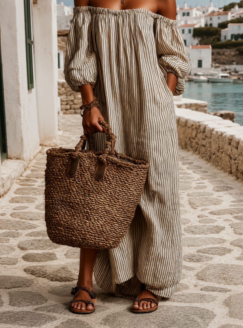 Women's Boho Off-Shoulder Striped Linen-Blend Maxi Dress - Beige