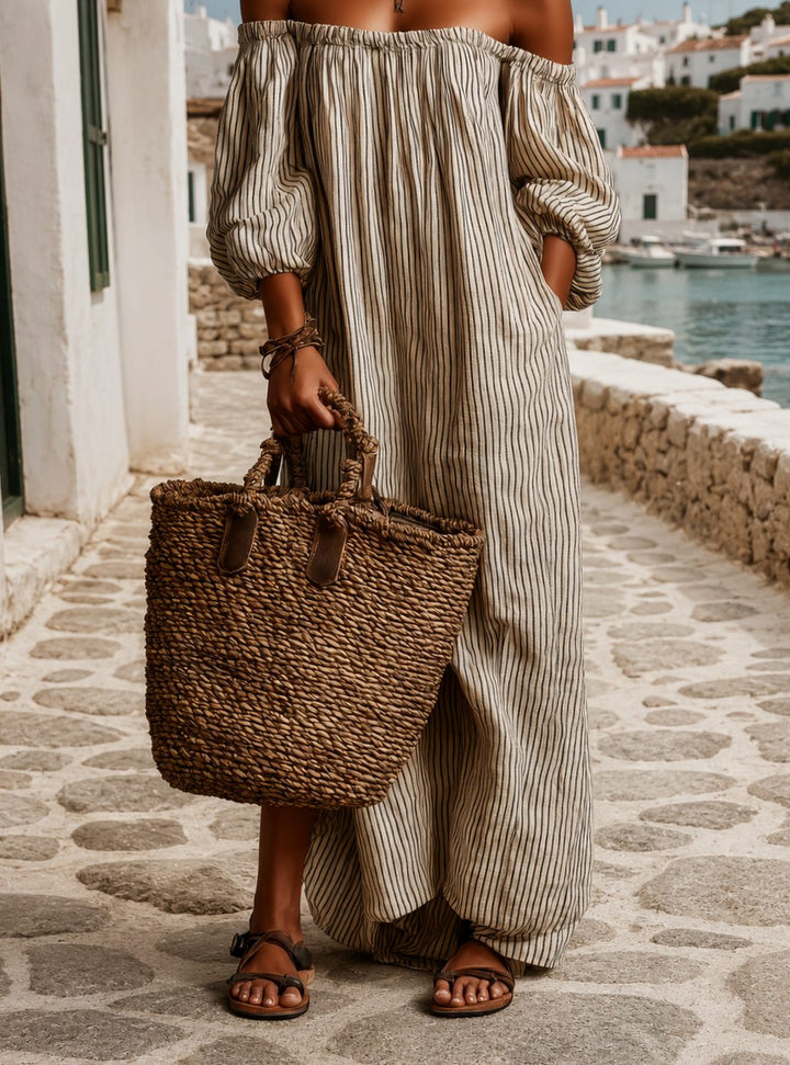 Women's Boho Off-Shoulder Striped Linen-Blend Maxi Dress - Beige