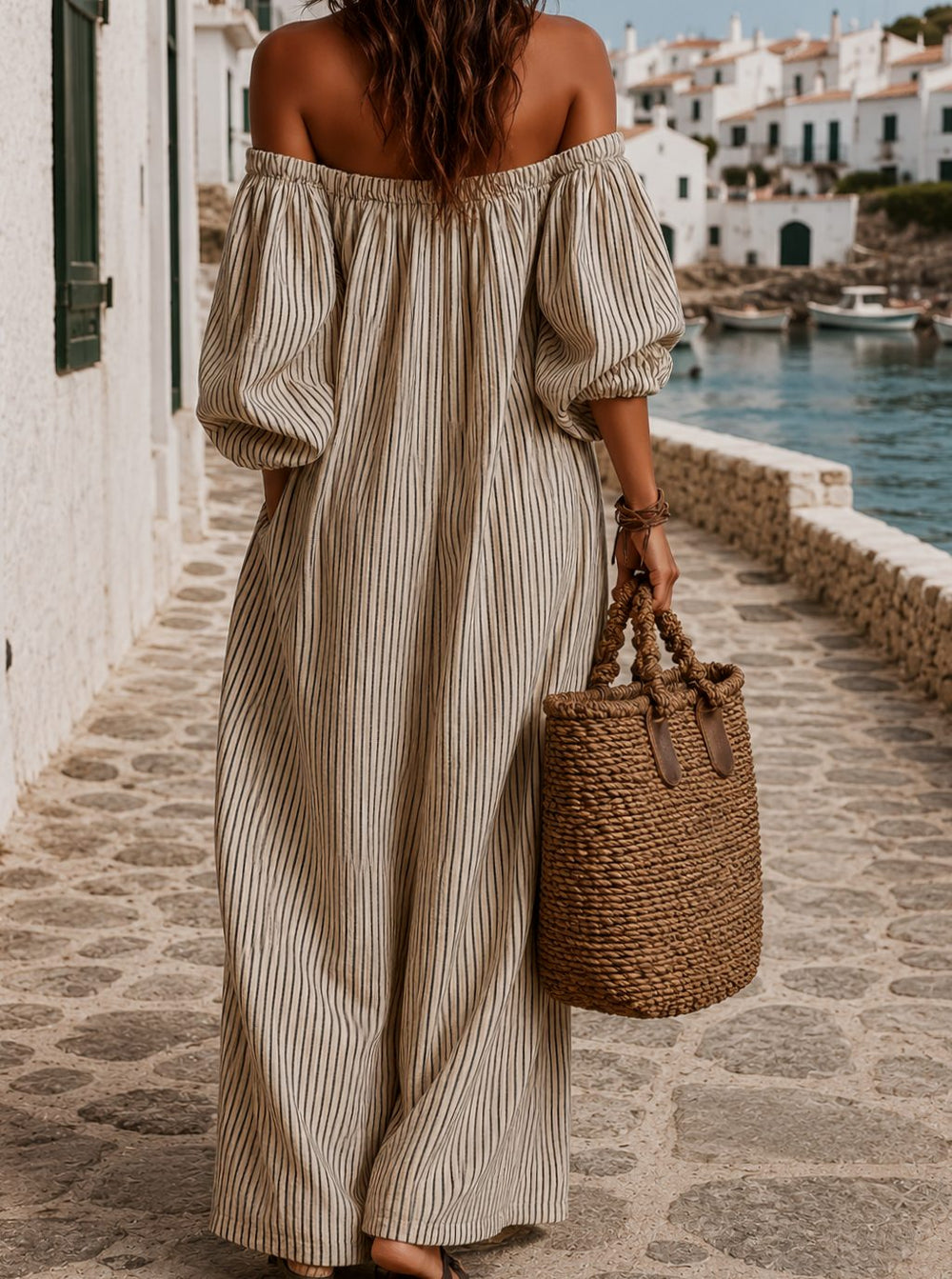 Women's Boho Off-Shoulder Striped Linen-Blend Maxi Dress