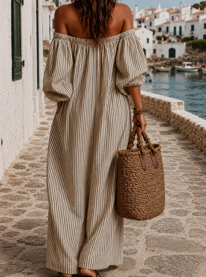 Women's Boho Off-Shoulder Striped Linen-Blend Maxi Dress