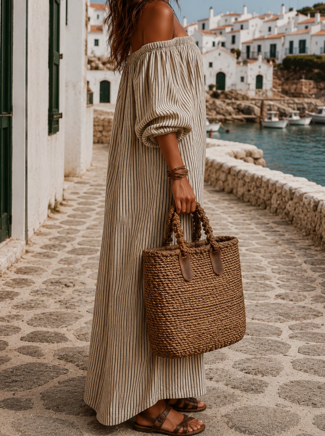 Women's Boho Off-Shoulder Striped Linen-Blend Maxi Dress