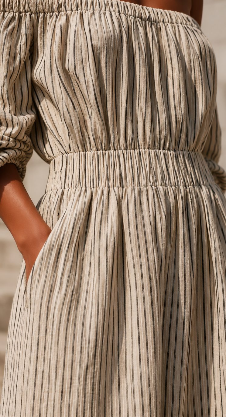 Women's Boho Off-Shoulder Striped Linen-Blend Maxi Dress
