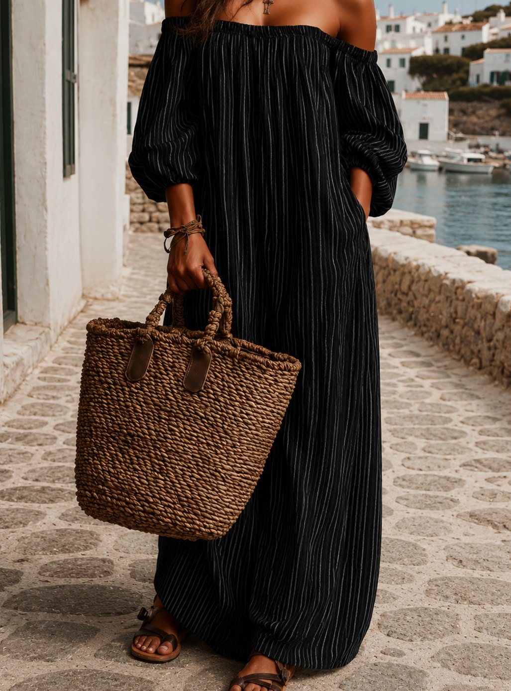 Women's Boho Off-Shoulder Striped Linen-Blend Maxi Dress - Black