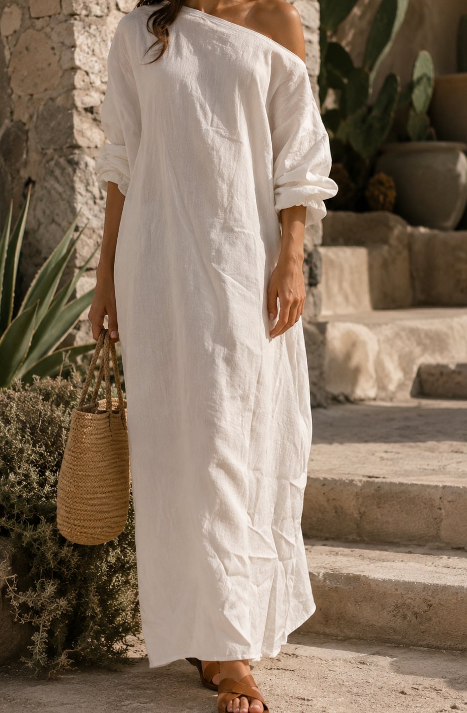 Women's Boho One-Shoulder Linen Maxi Dress