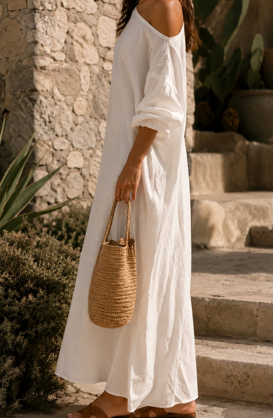 Women's Boho One-Shoulder Linen Maxi Dress