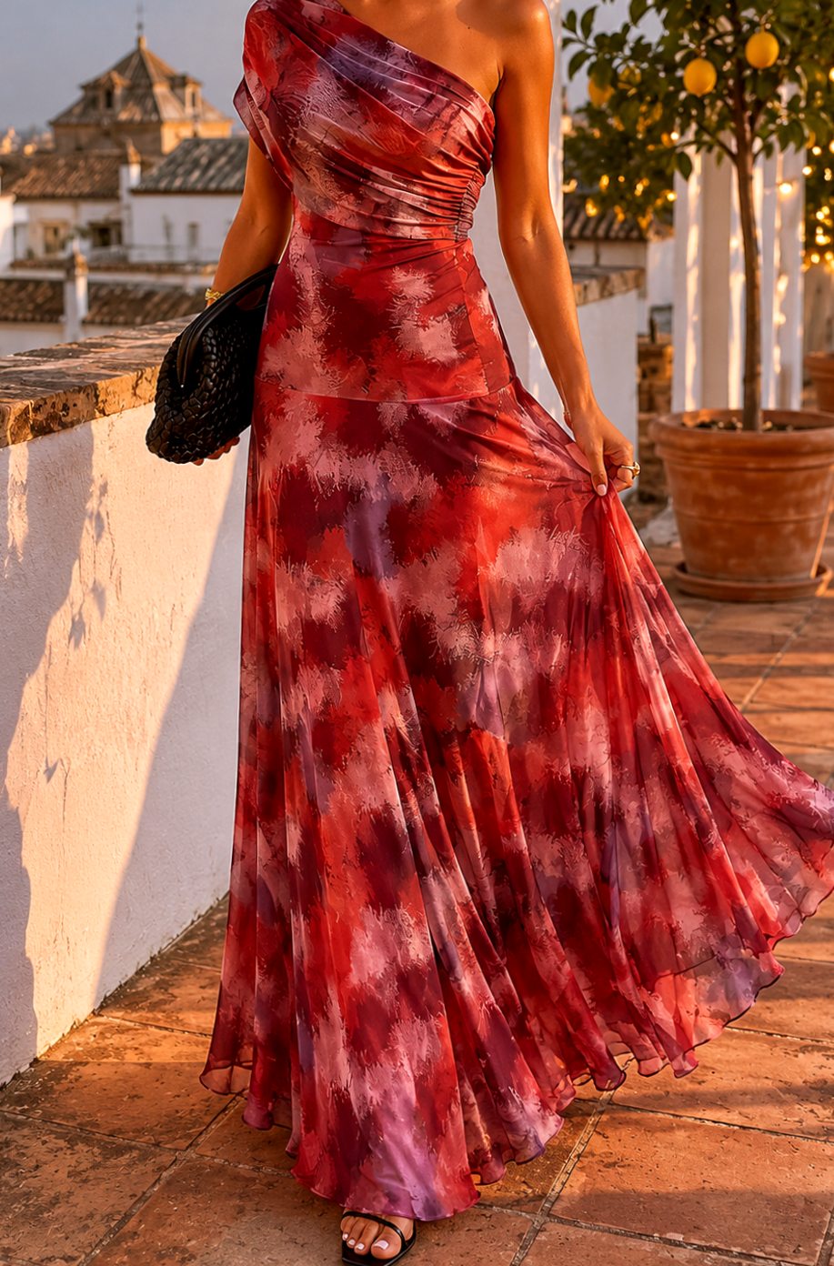 Women's Boho One-Shoulder Ruched Flowy Maxi Dress - Red