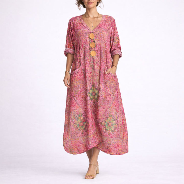 Women's Boho Paisley Maxi Fall Wedding Guest Dress V-Neck Kaftan - Red