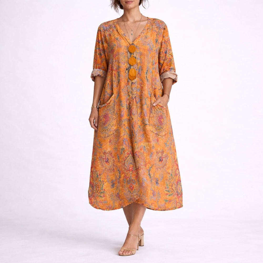 Women's Boho Paisley Maxi Fall Wedding Guest Dress V-Neck Kaftan - Orange