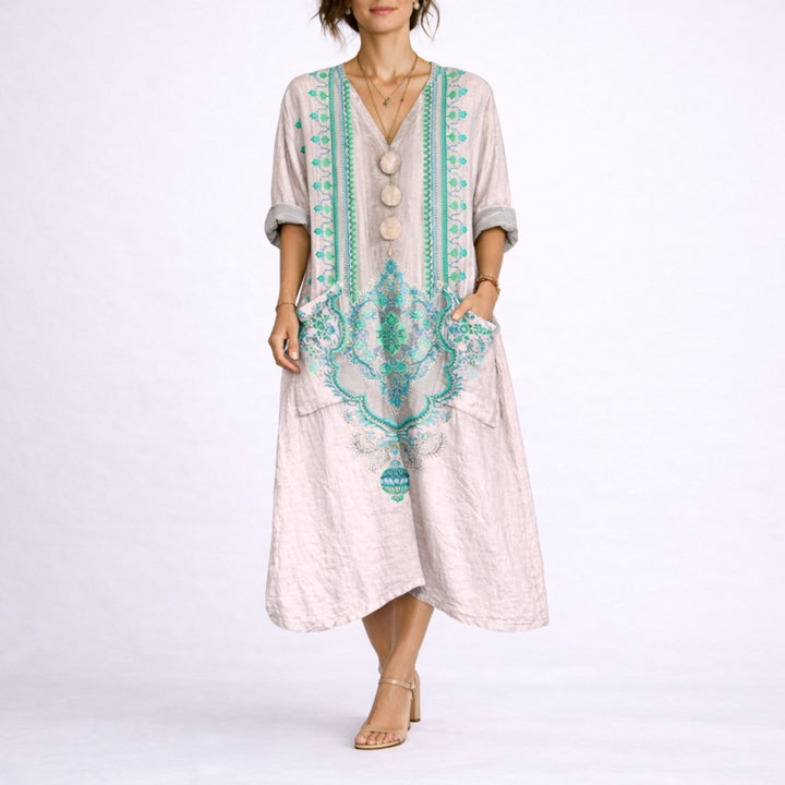 Women's Boho Paisley Maxi Fall Wedding Guest Dress V-Neck Kaftan - Pink & Green