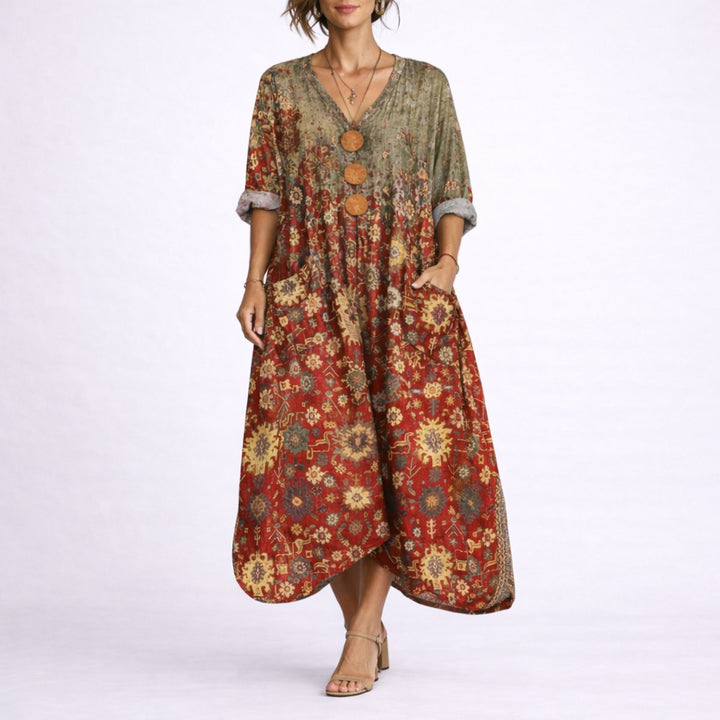 Women's Boho Paisley Maxi Fall Wedding Guest Dress V-Neck Kaftan - Red Carpet
