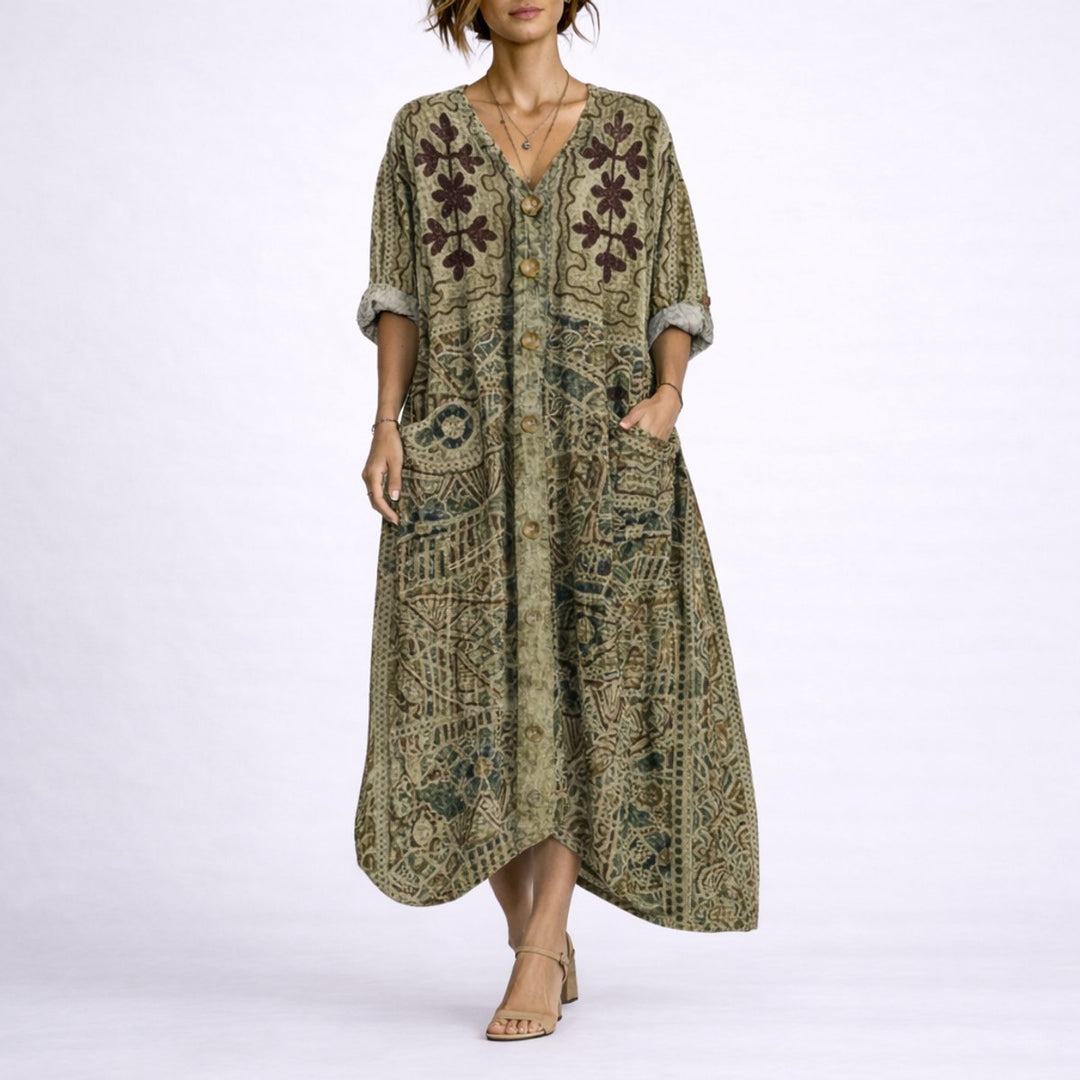 Women's Boho Paisley Maxi Fall Wedding Guest Dress V-Neck Kaftan - Green