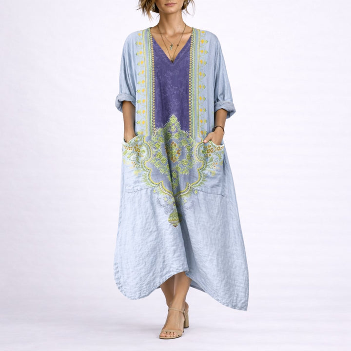Women's Boho Paisley Maxi Fall Wedding Guest Dress V-Neck Kaftan - Blue & Purple