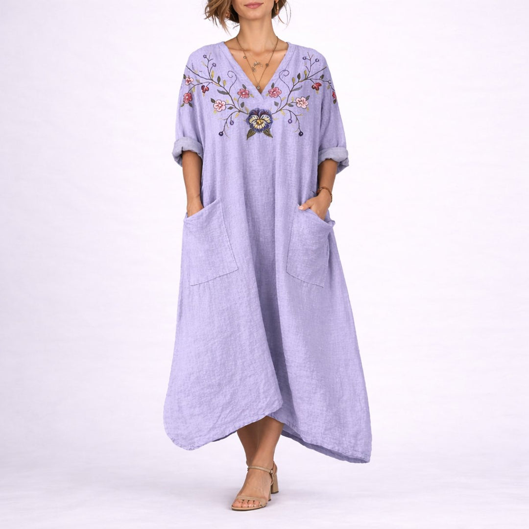 Women's Boho Paisley Maxi Fall Wedding Guest Dress V-Neck Kaftan - Purple