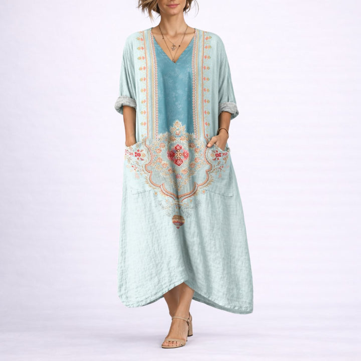 Women's Boho Paisley Maxi Fall Wedding Guest Dress V-Neck Kaftan - Green & Blue