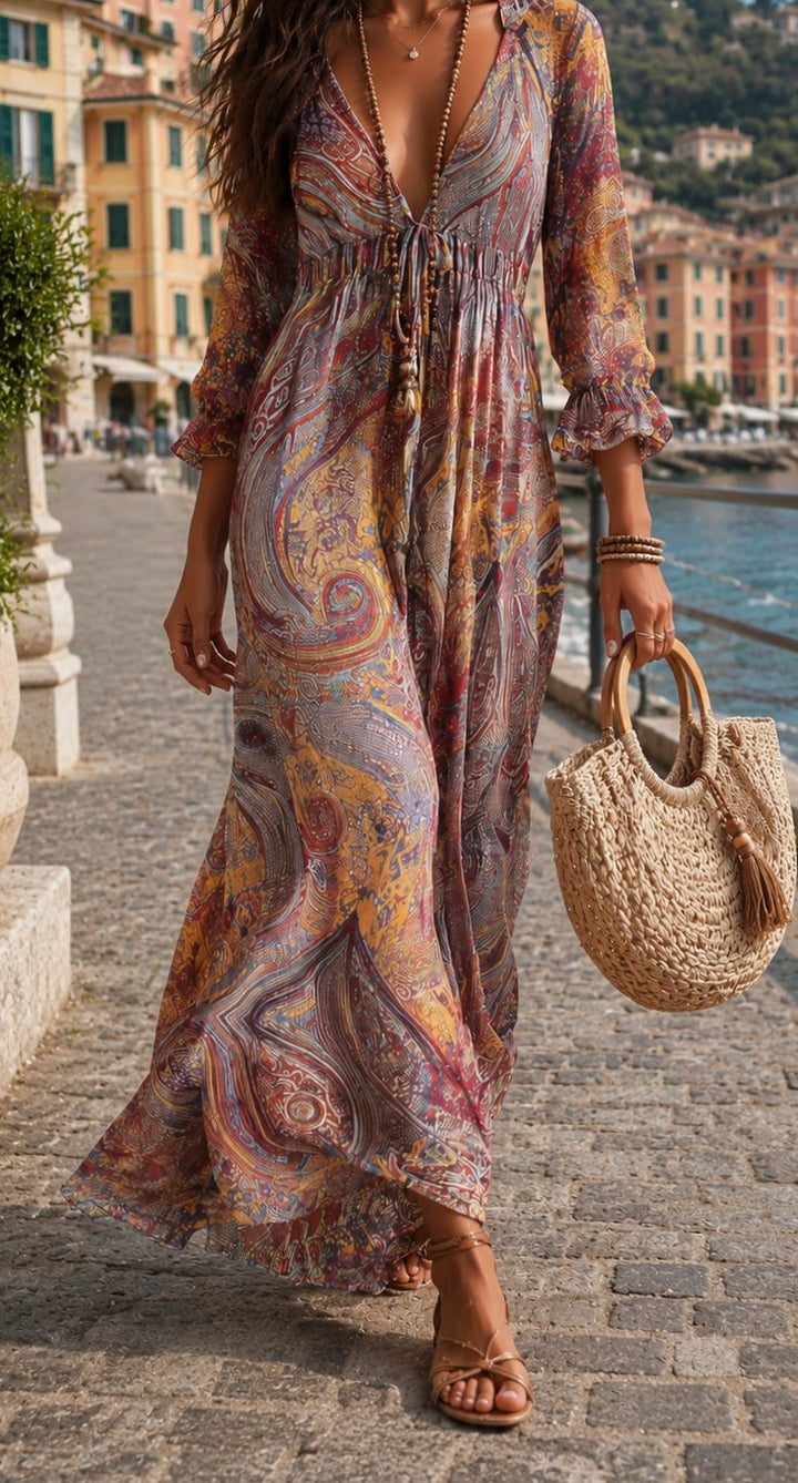 Women's Boho Paisley-Print Deep V-Neck Flowy Maxi Dress
