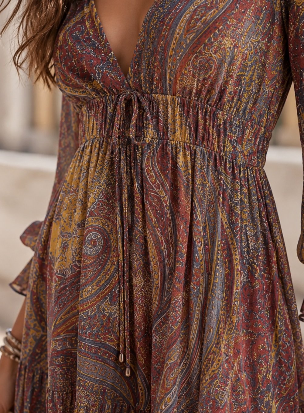 Women's Boho Paisley-Print Deep V-Neck Flowy Maxi Dress