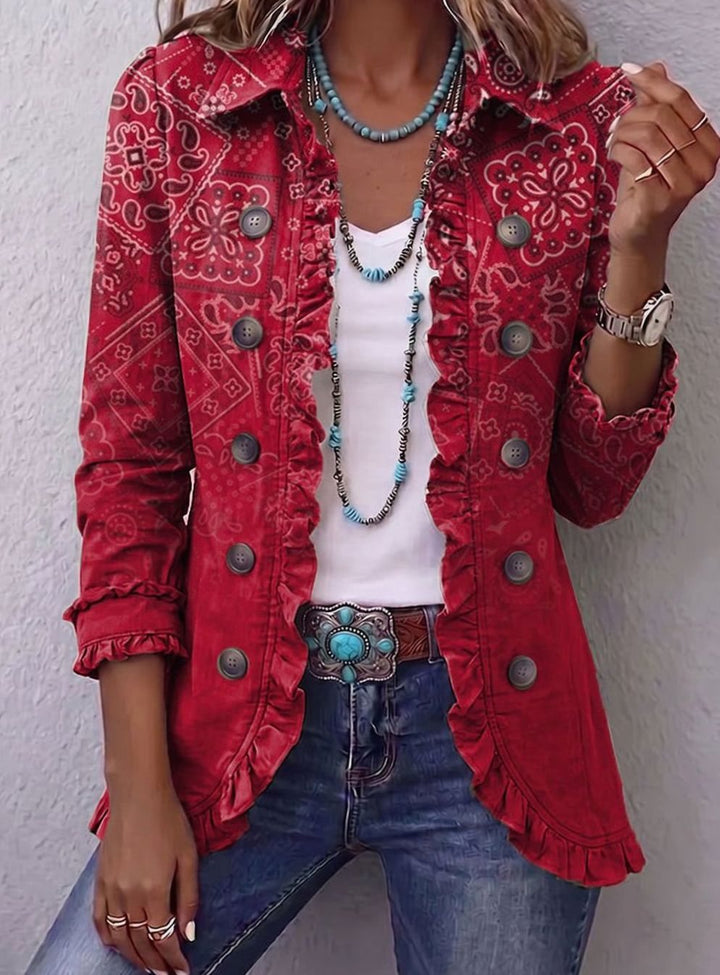 Women's Boho Paisley Print Ruffled Double-Breasted Jacket - Red