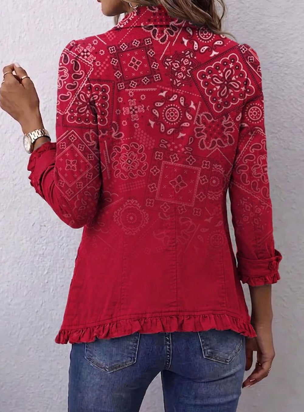 Women's Boho Paisley Print Ruffled Double-Breasted Jacket