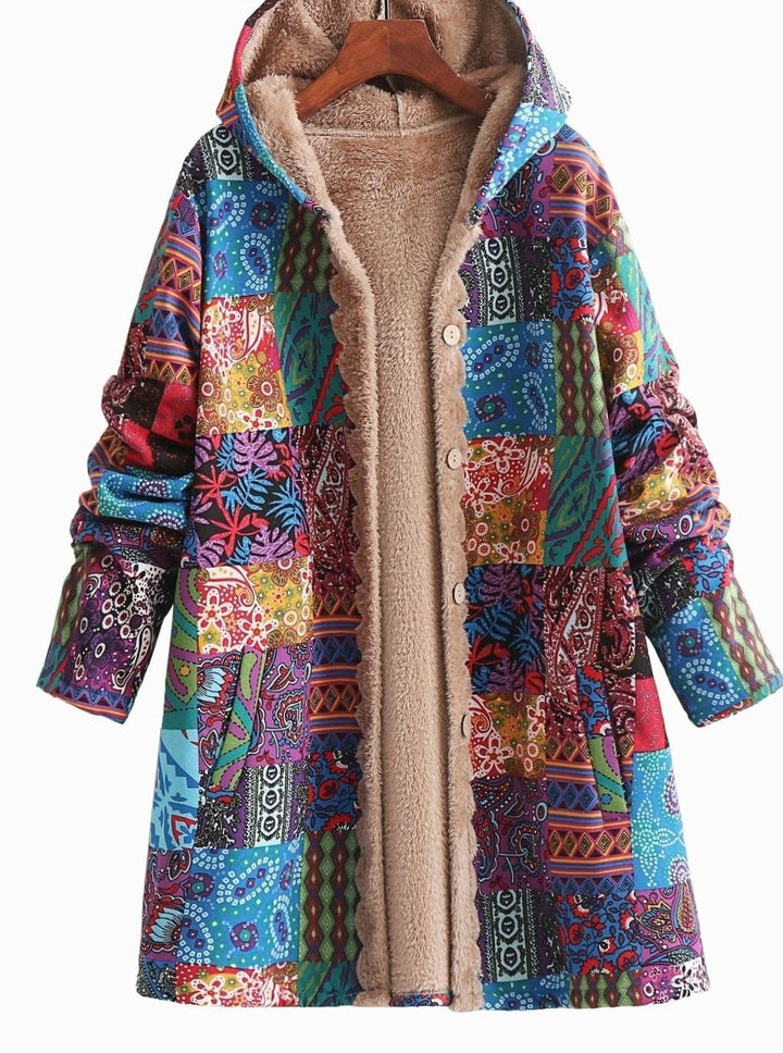 Women's Boho Patchwork Fleece-Lined Hooded Comfortable Jacket - Blue