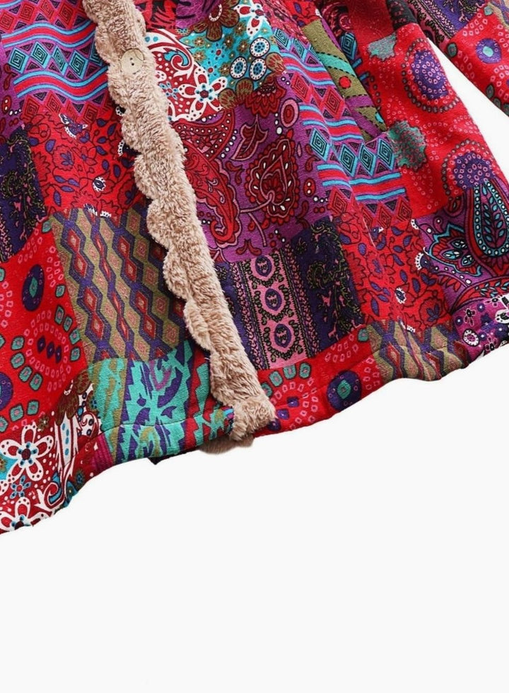 Women's Boho Patchwork Fleece-Lined Hooded Comfortable Jacket